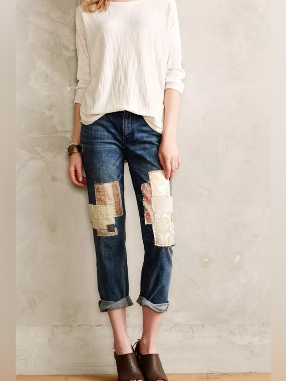 Pilcro and the Letterpress Blue Patchwork Boyfriend Jeans